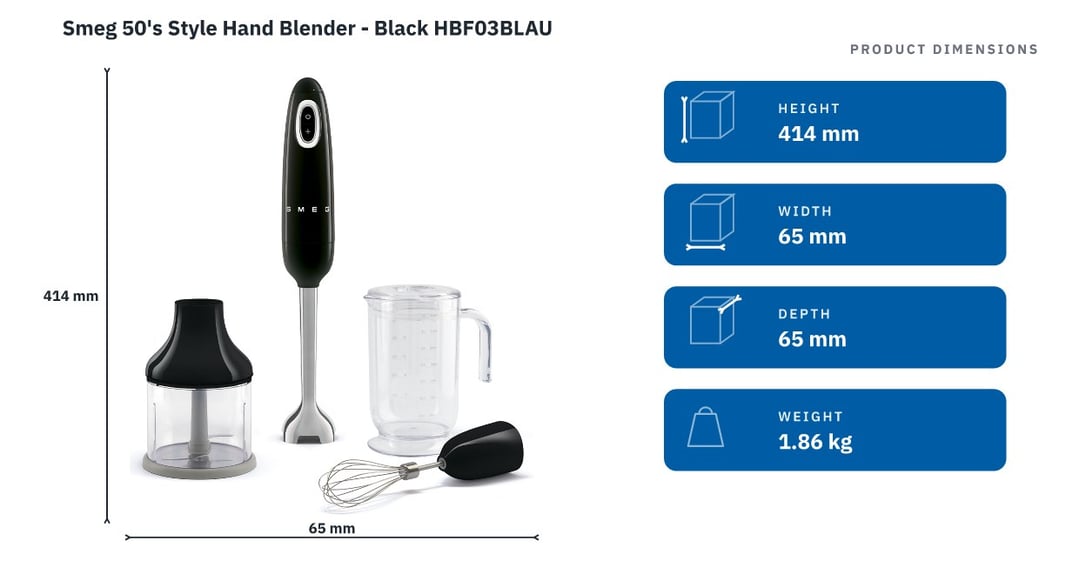 Smeg 50's Style Hand Blender - Black HBF03BLAU — product dimensions