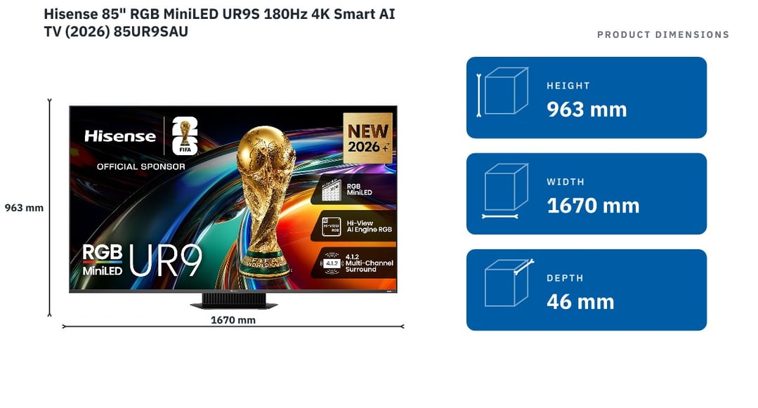 Hisense 85" RGB MiniLED UR9S 180Hz 4K Smart AI TV (2026) 85UR9SAU