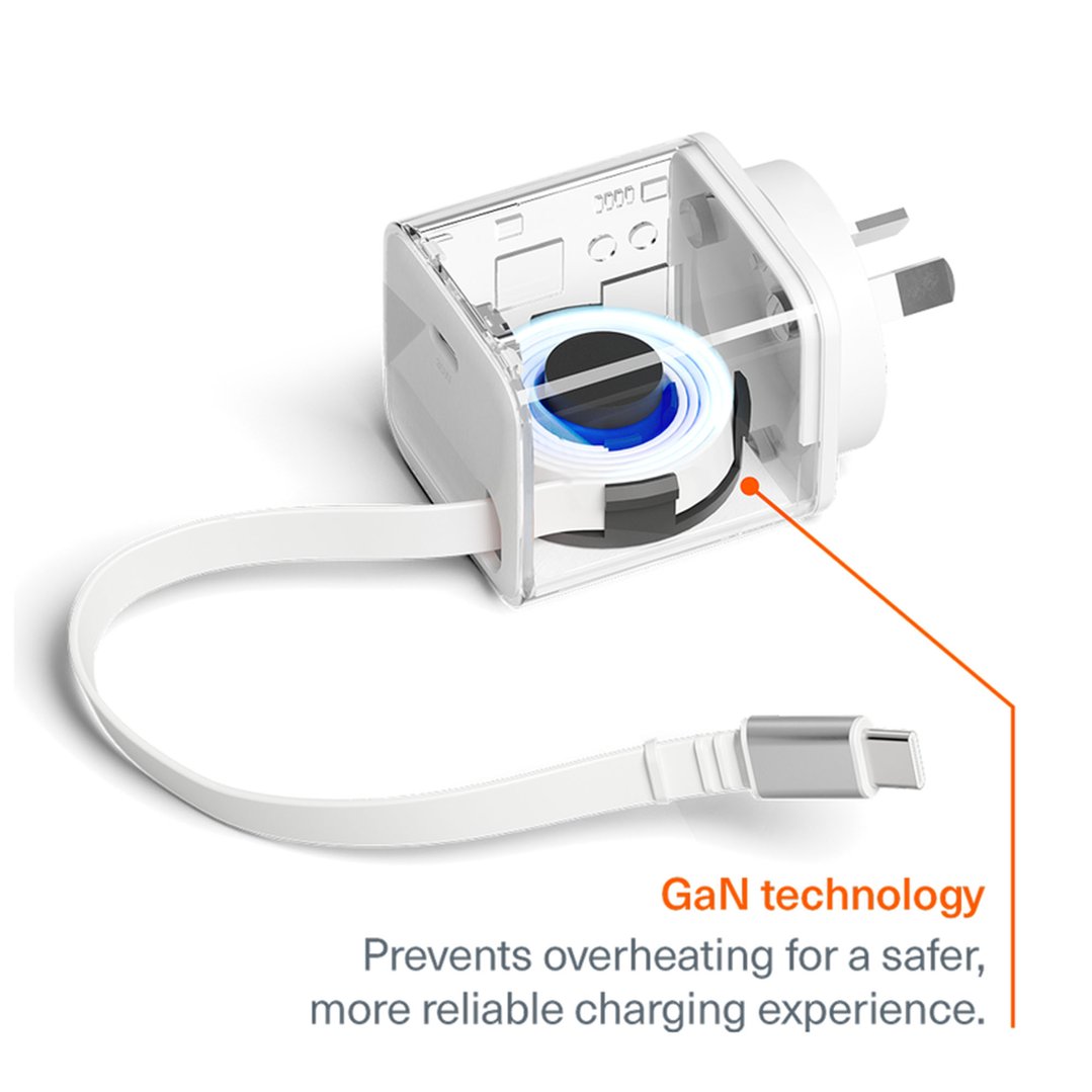 Cygnett PowerPlus 30W Wall Charger with 80cm Retractable USB-C Cable CY5762PDWCH