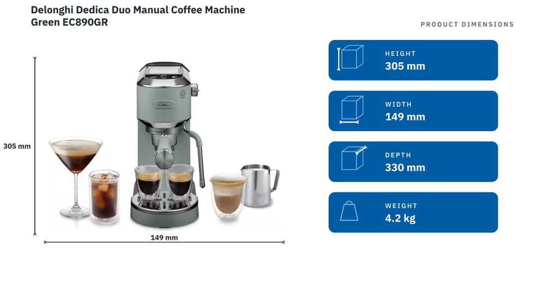 Delonghi Dedica Duo Manual Coffee Machine Green EC890GR — product dimensions