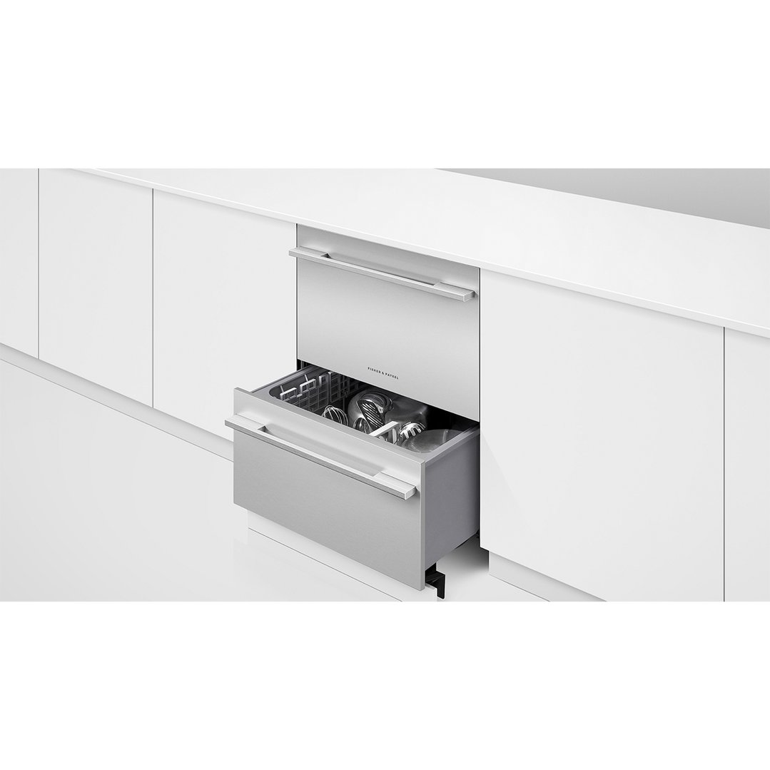 Integrated Double DishDrawer Dishwasher with bottom drawer open in a modern kitchen