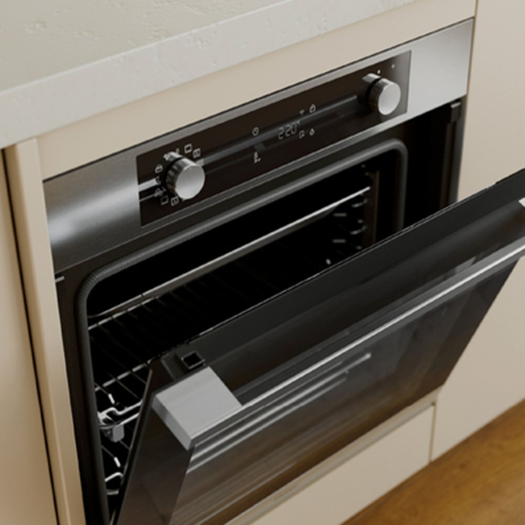 Built-in oven with door ajar, showing interior racks and controls
