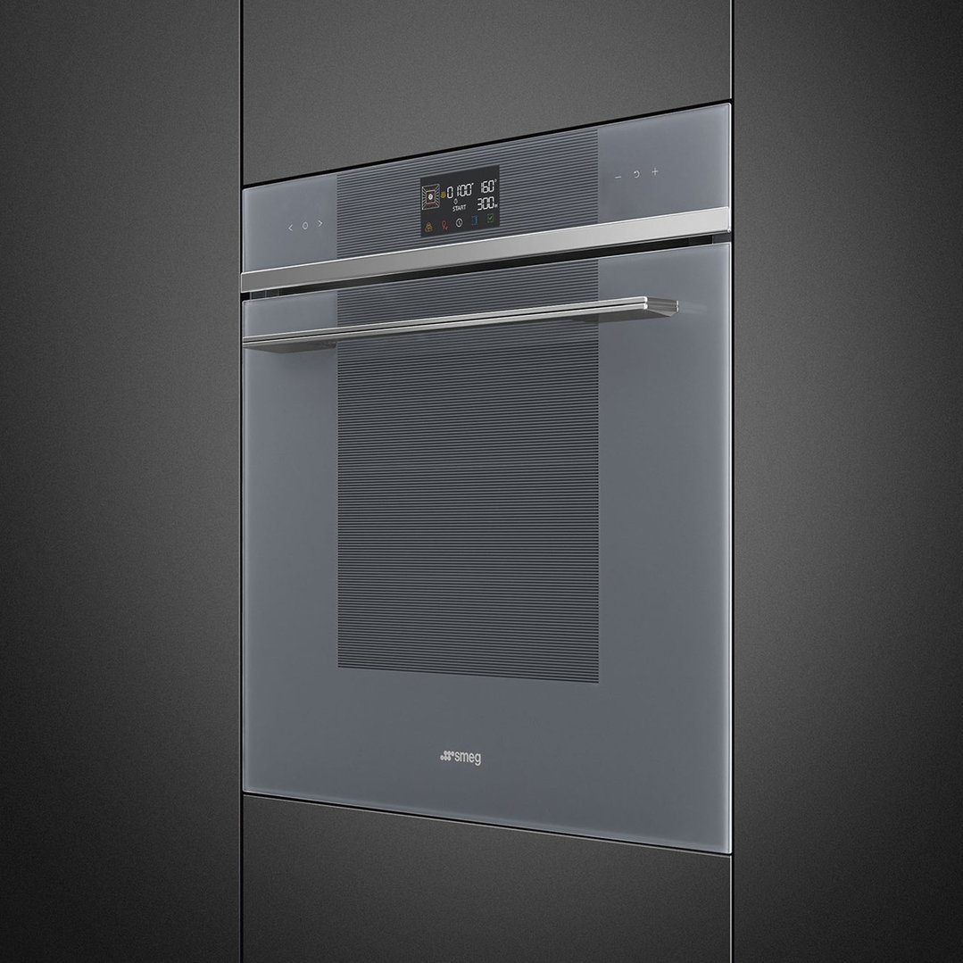 Built-in Smeg oven with a dark glass door and digital display