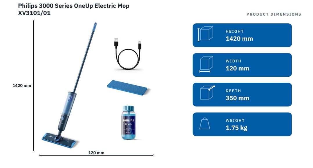 Philips 3000 Series OneUp Electric Mop XV3101/01 — product dimensions