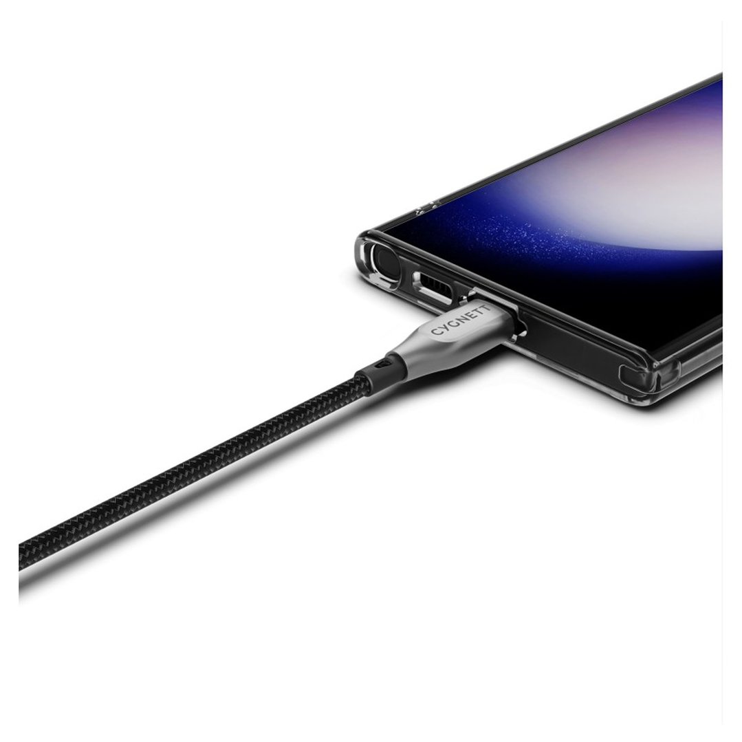 Black braided USB-C to USB-A cable plugged into a smartphone