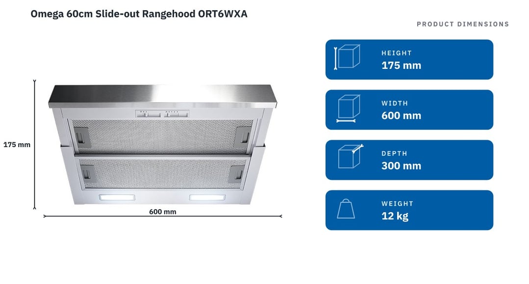 Omega 60cm Slide-out Rangehood ORT6WXA — product dimensions