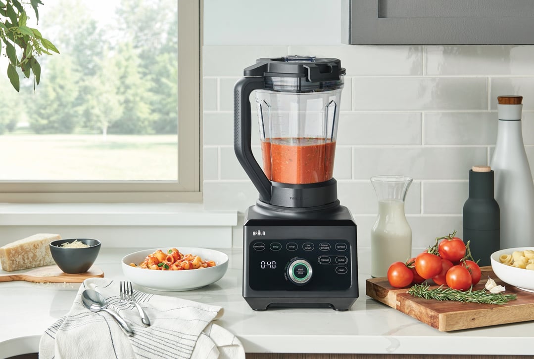 Braun PowerBlend 9 Jug Blender on a kitchen counter with food ingredients