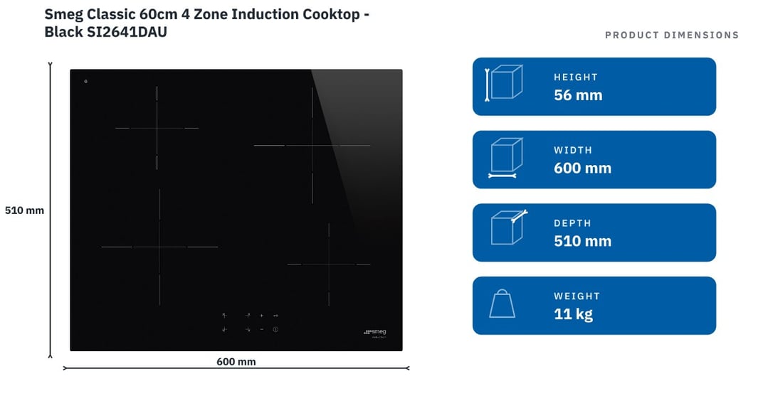 Smeg Classic 60cm 4 Zone Induction Cooktop - Black SI2641DAU — product dimensions