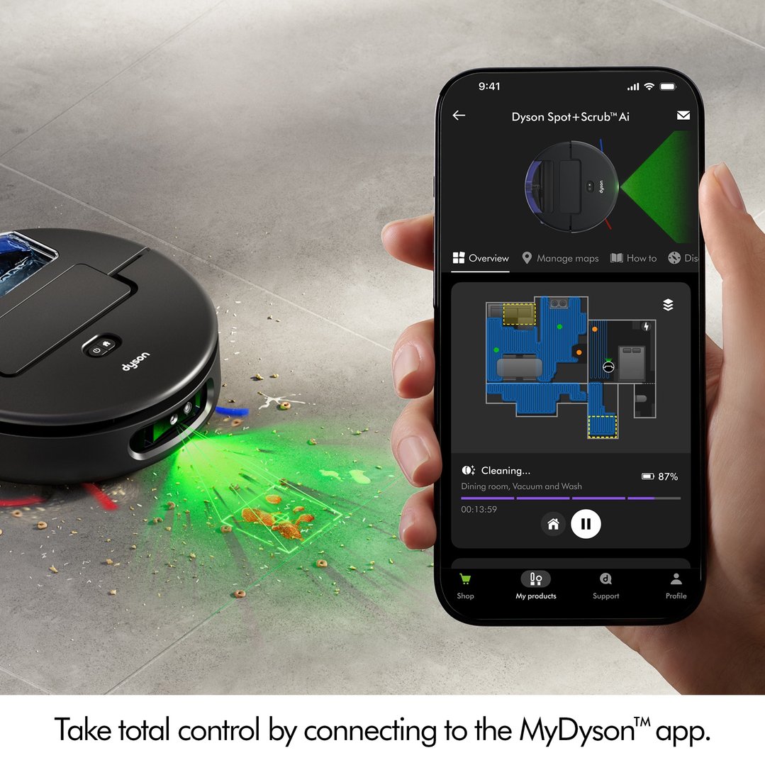 Dyson Spot+Scrub Ai Robot Vacuum Cleaner cleaning floor, controlled by app on phone