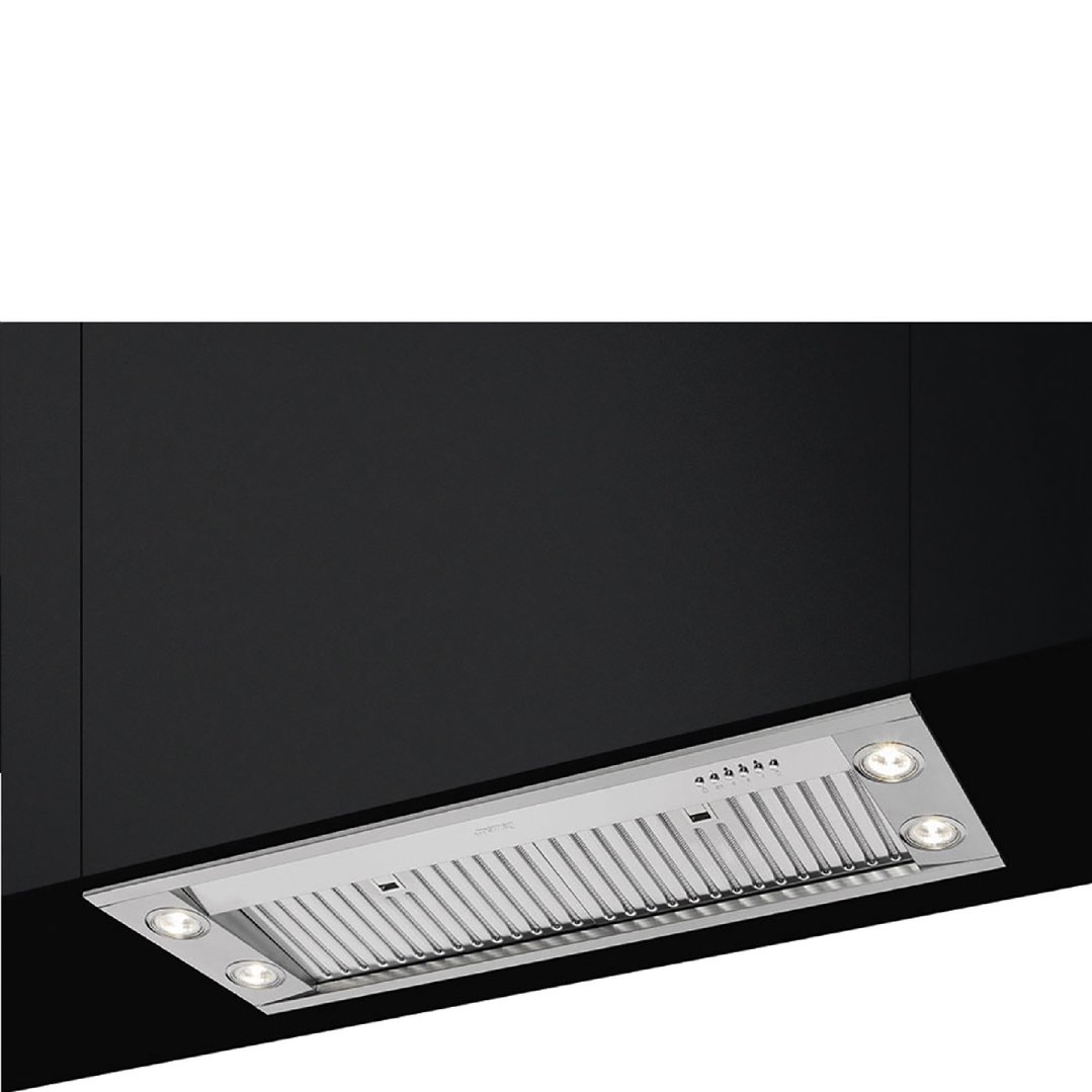 Stainless steel rangehood with lights installed under a dark cabinet