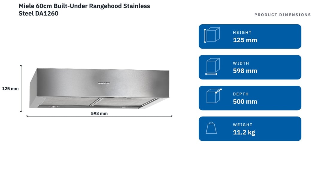 Miele 60cm Built-Under Rangehood Stainless Steel DA1260 — product dimensions