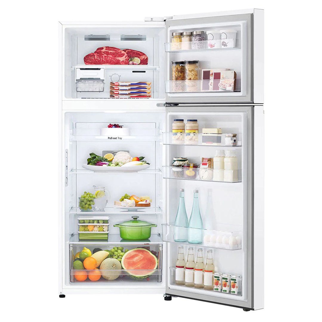 Open LG top mount fridge filled with food and drinks