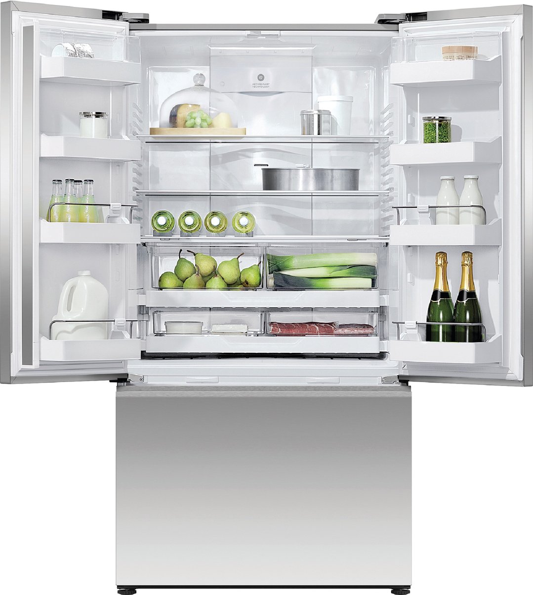 Open Fisher & Paykel French Door Refrigerator Freezer with food items inside
