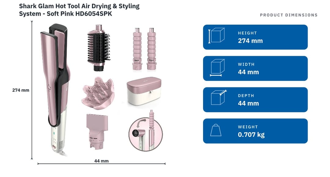 Shark Glam Hot Tool Air Drying & Styling System - Soft Pink HD6054SPK — product dimensions