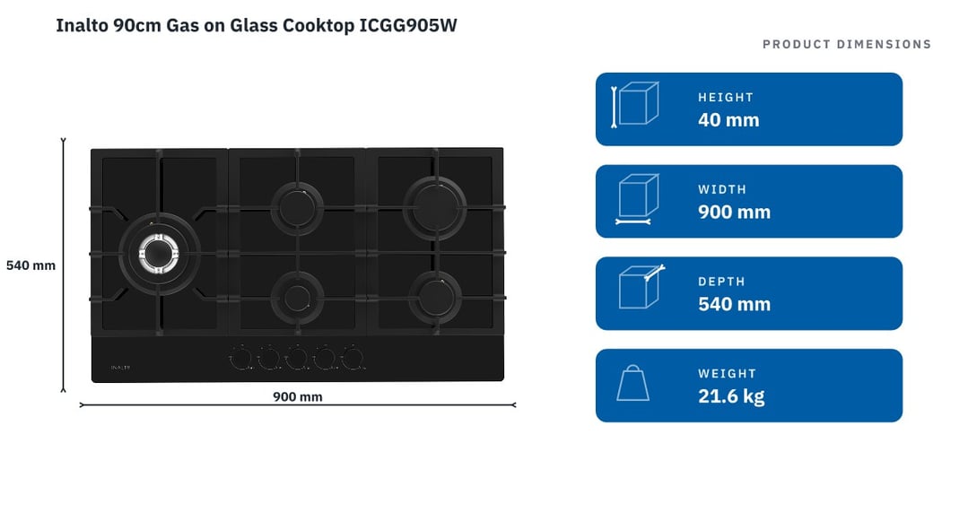 Inalto 90cm Gas on Glass Cooktop ICGG905W — product dimensions