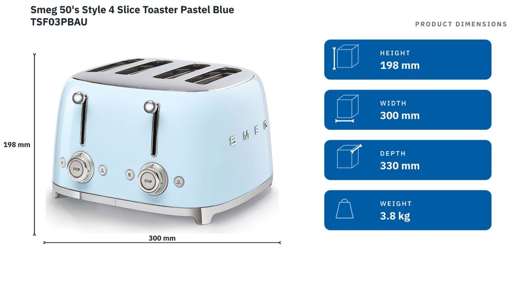 Smeg 50's Style 4 Slice Toaster Pastel Blue TSF03PBAU
