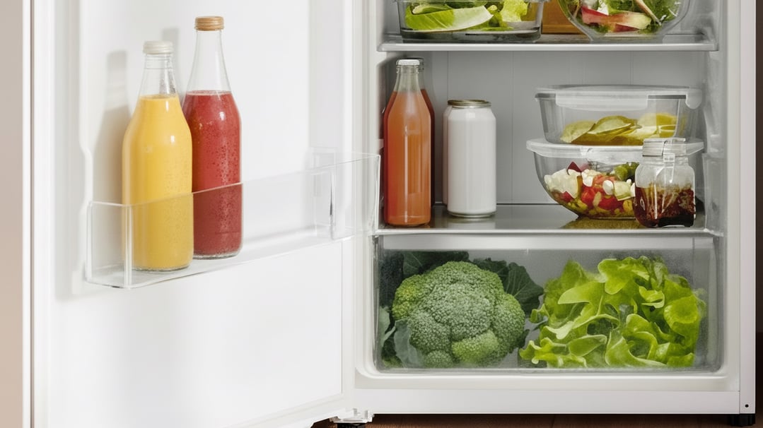 Open Haier vertical refrigerator filled with fresh food and drinks