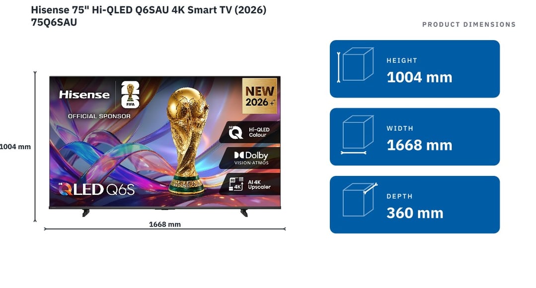 Hisense 75" Hi-QLED Q6SAU 4K Smart TV (2026) 75Q6SAU — product dimensions