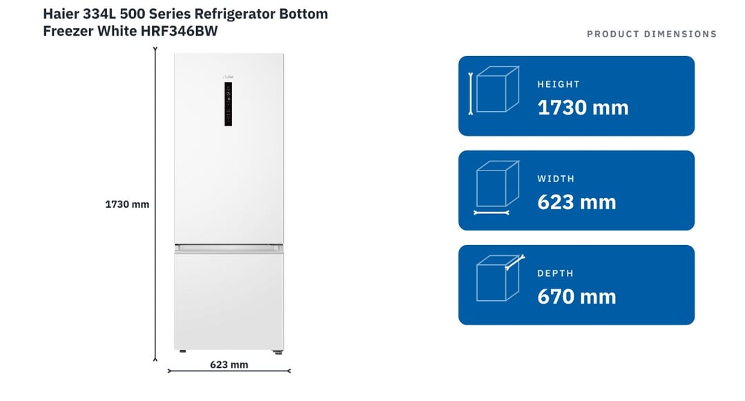 Haier 334L 500 Series Refrigerator Bottom Freezer White HRF346BW — product dimensions