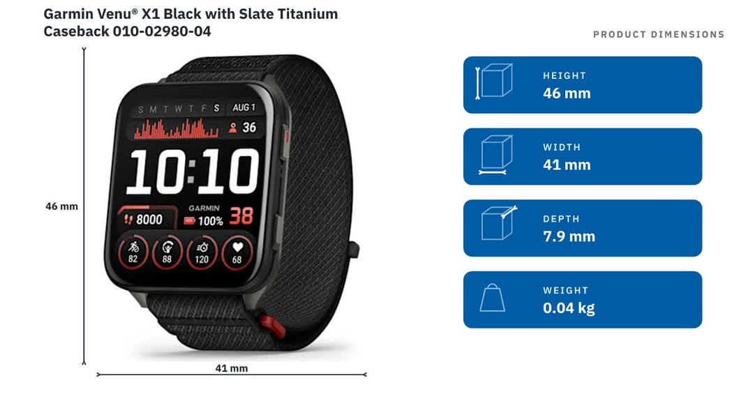 Garmin Venu® X1 Black with Slate Titanium Caseback 010-02980-04 — product dimensions