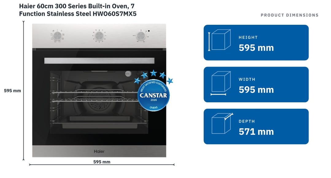 Haier 60cm 300 Series Built-in Oven, 7 Function Stainless Steel HWO60S7MX5 — product dimensions