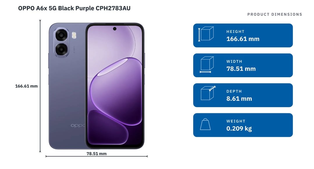 OPPO A6x 5G Black Purple CPH2783AU — product dimensions