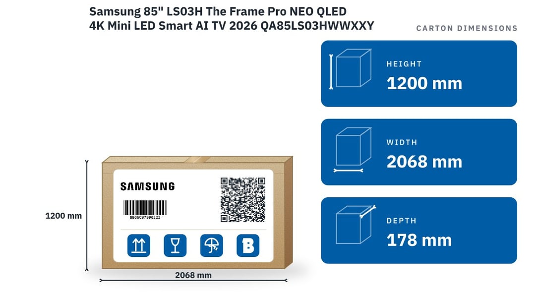 Samsung 85" LS03H The Frame Pro NEO QLED 4K Mini LED Smart AI TV 2026 QA85LS03HWWXXY — packaged dimensions
