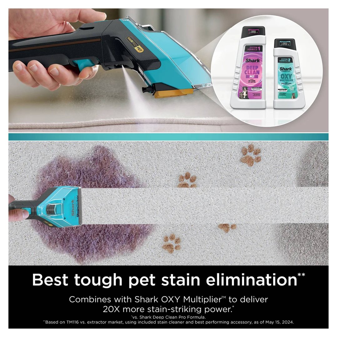 Handheld spot cleaner removing a large pet stain from a carpet