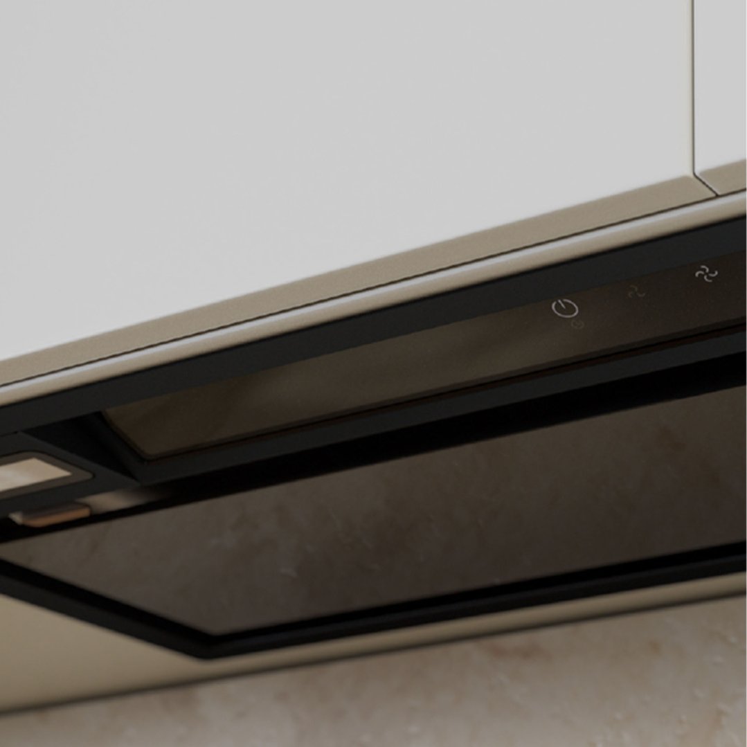 Close-up of a matte black rangehood with control panel in a kitchen