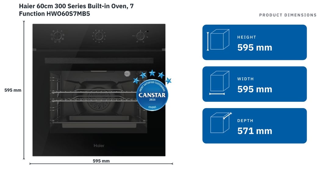 Haier 60cm 300 Series Built-in Oven, 7 Function HWO60S7MB5 — product dimensions