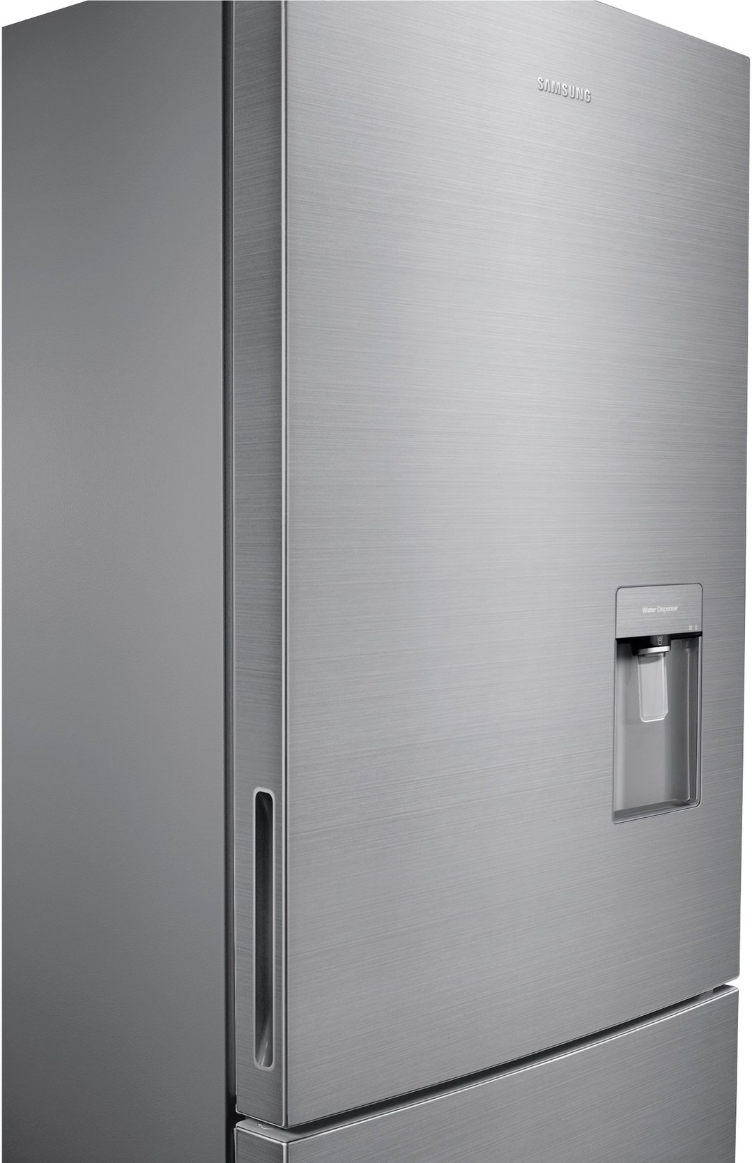 Close-up of a silver Samsung fridge with a water dispenser on the door