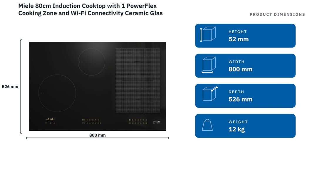 Miele 80cm Induction Cooktop with 1 PowerFlex Cooking Zone and Wi-Fi Connectivity Ceramic Glass KM7574FL — product dimensions