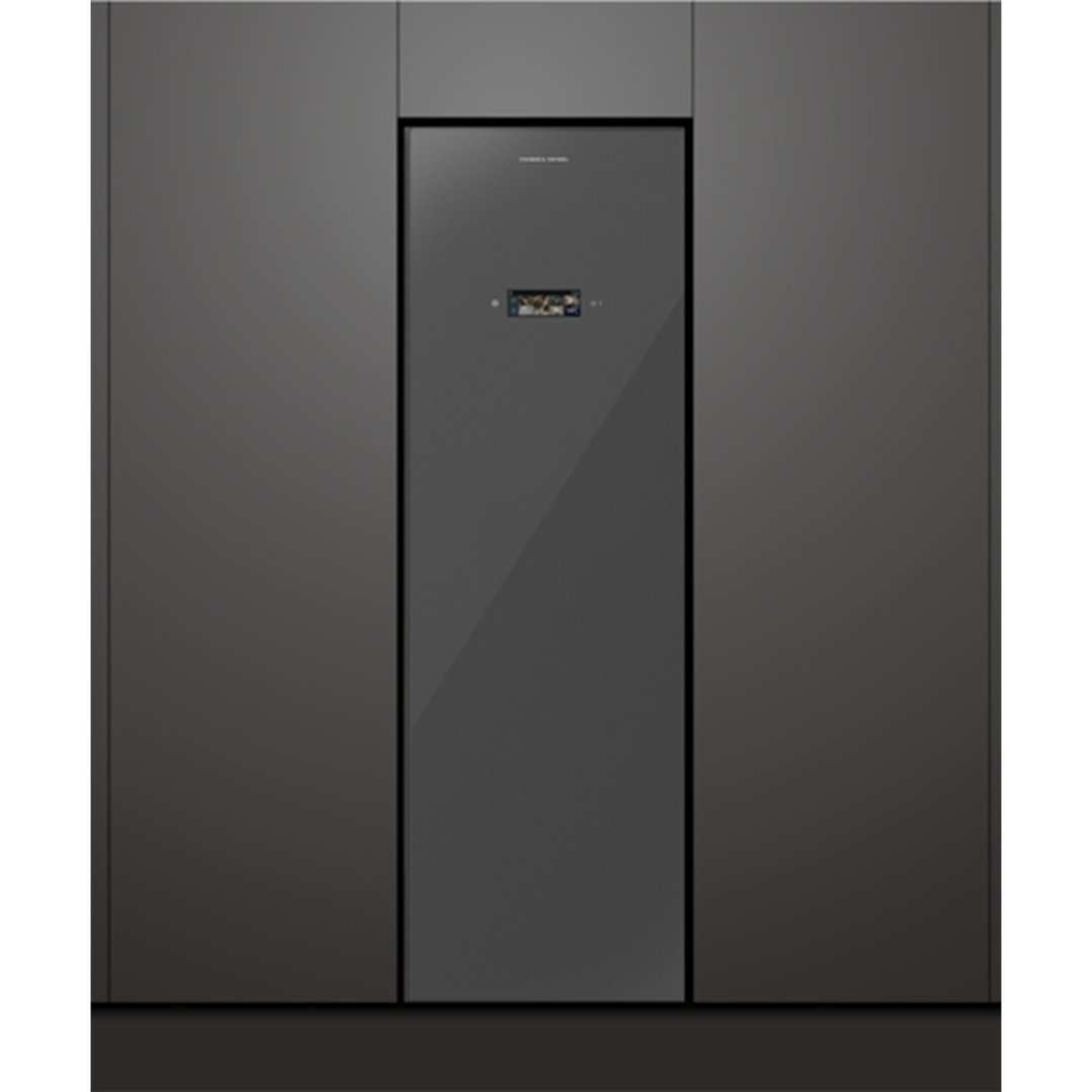Grey glass fabric care cabinet with a screen, built into dark cabinetry