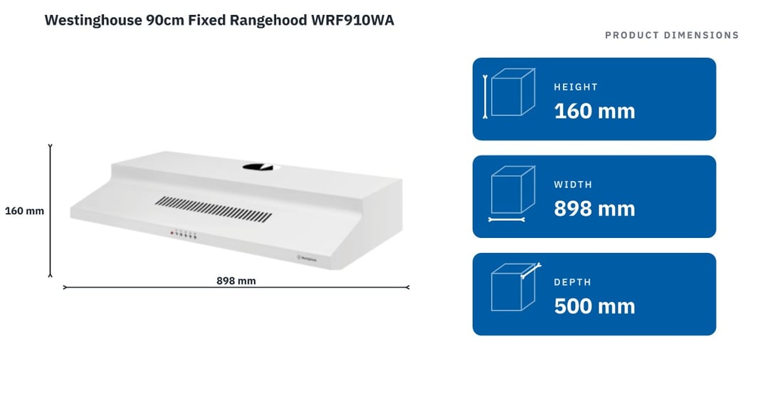 Westinghouse 90cm Fixed Rangehood WRF910WA — product dimensions