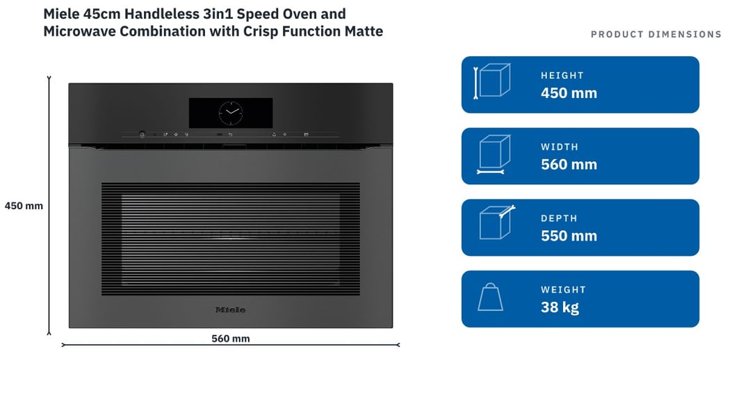 Miele 45cm Handleless 3in1 Speed Oven and Microwave Combination with Crisp Function Matte Black H7840BMXMB — product dimensions