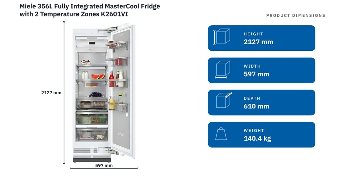 Miele 356L Fully Integrated MasterCool Fridge with 2 Temperature Zones K2601VI