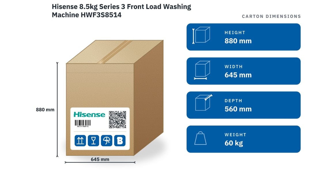 Hisense 8.5kg Series 3 Front Load Washing Machine HWF3S8514 — packaged dimensions