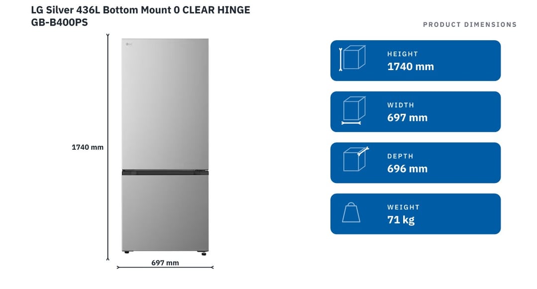 LG Silver 436L Bottom Mount 0 CLEAR HINGE GB-B400PS — product dimensions