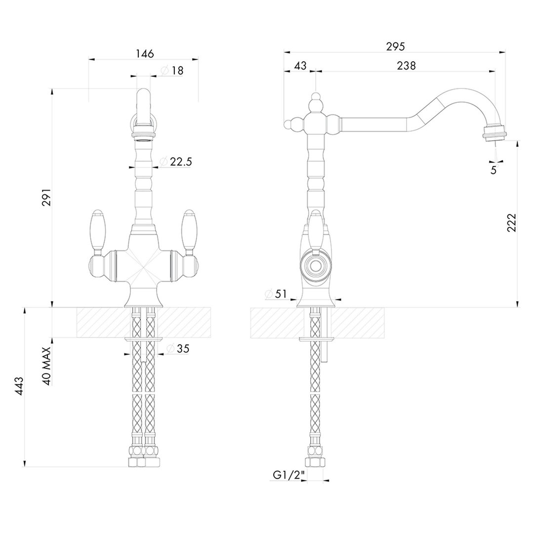 Turner Hastings Providence Double Mixer Tap - Brushed Brass PR403DM-BB