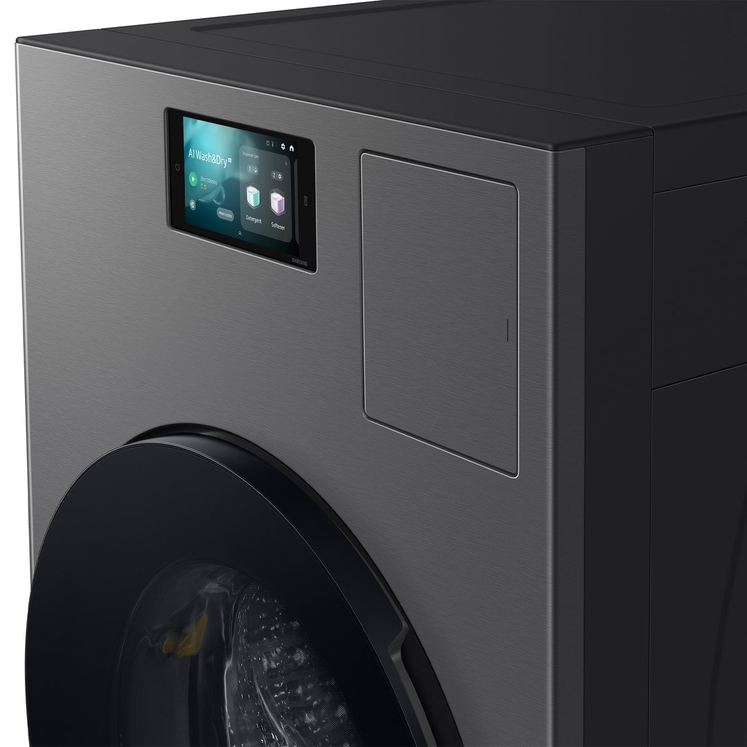 Close up of a dark grey washer dryer combo with a digital display