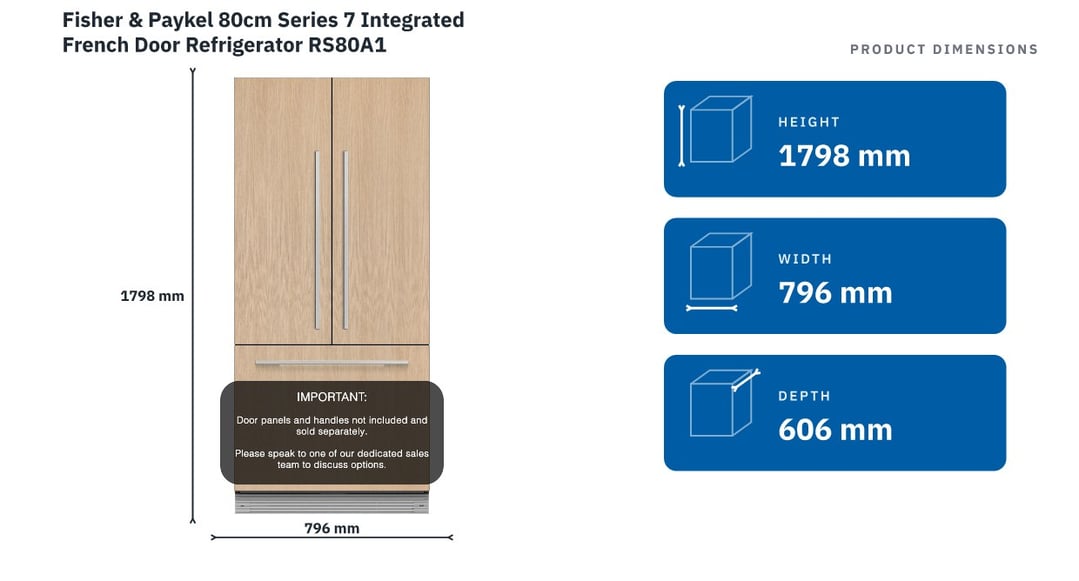 Fisher & Paykel 80cm Series 7 Integrated French Door Refrigerator RS80A1 — product dimensions
