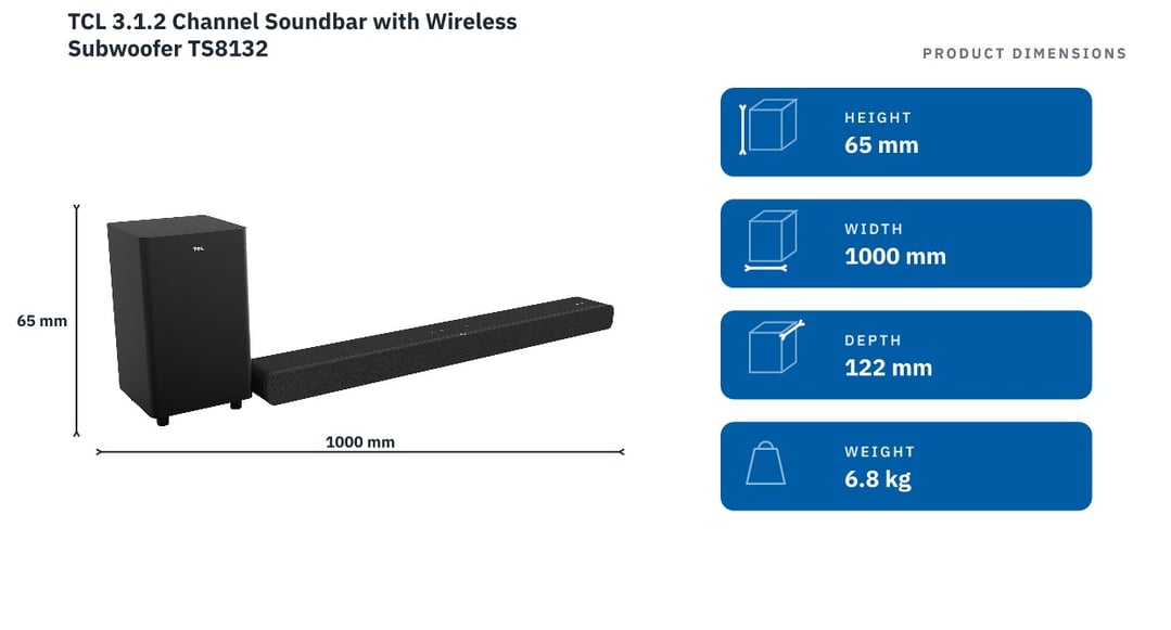 TCL 3.1.2 Channel Soundbar with Wireless Subwoofer TS8132 — product dimensions