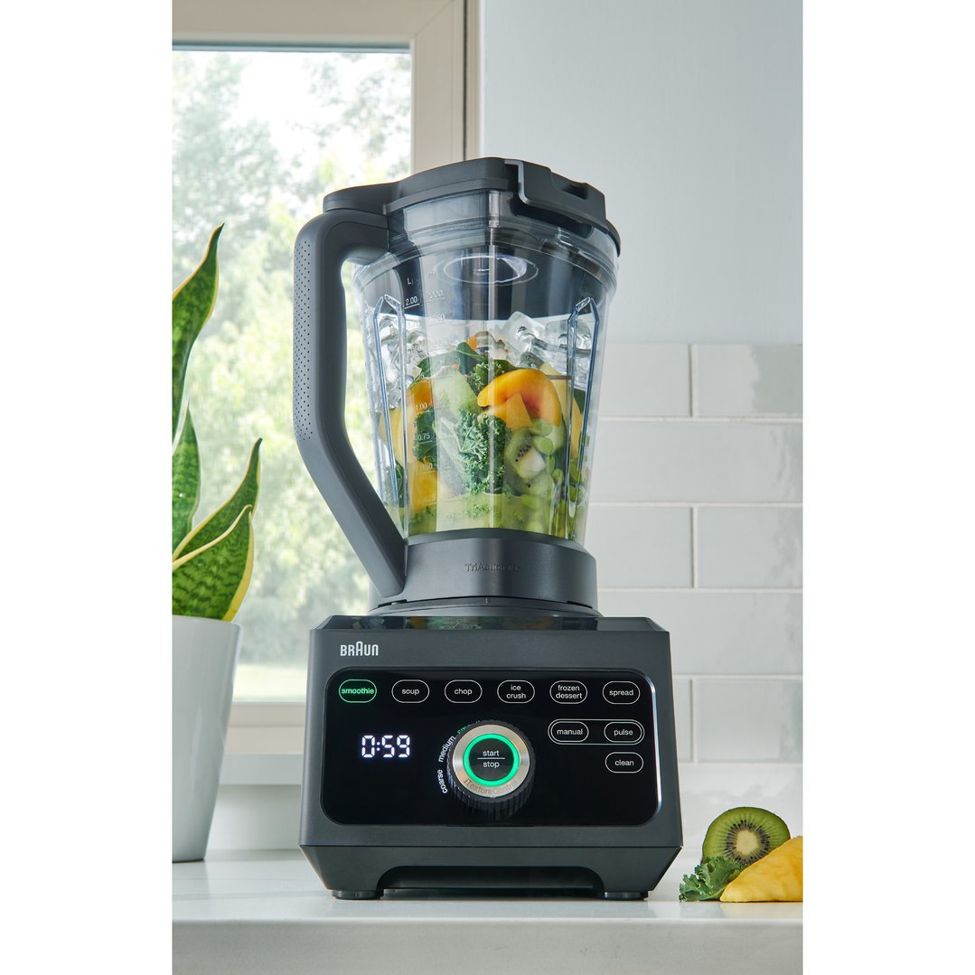 Braun PowerBlend 9 Jug Blender with ingredients in a kitchen setting