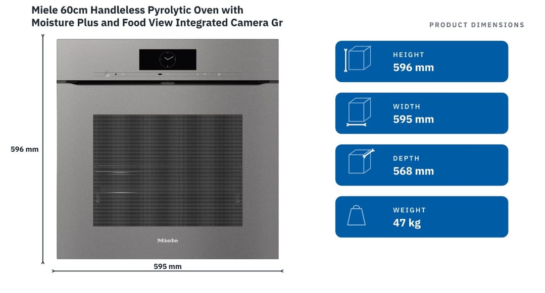 Miele 60cm Handleless Pyrolytic Oven with Moisture Plus and Food View Integrated Camera Graphite Grey H7860BPXGRGR — product dimensions