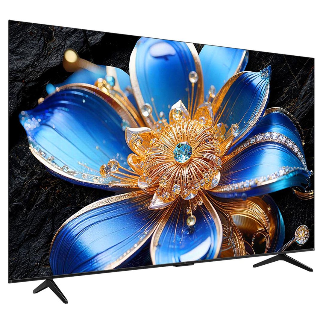 A TCL TV displaying a vibrant image of a blue and gold jeweled flower
