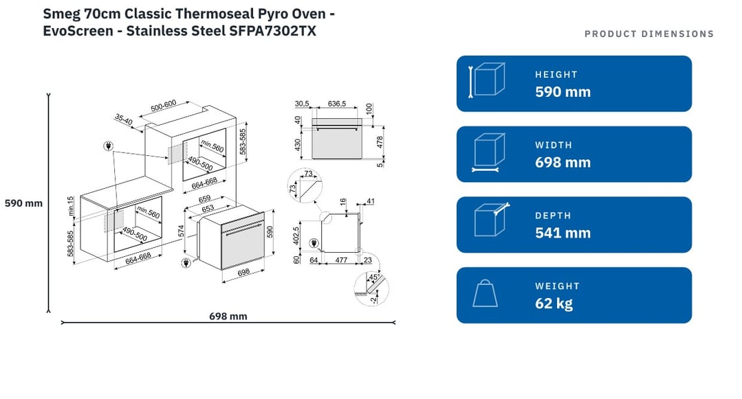 Smeg 70cm Classic Thermoseal Pyro Oven - EvoScreen - Stainless Steel SFPA7302TX — product dimensions