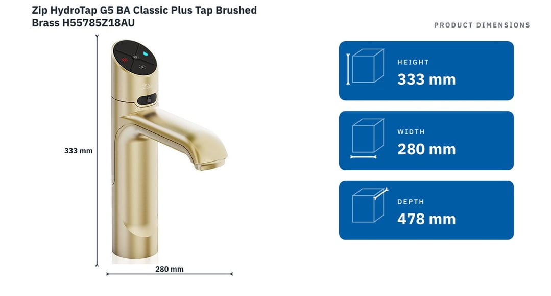 Zip HydroTap G5 BA Classic Plus Tap Brushed Brass H55785Z18AU — product dimensions