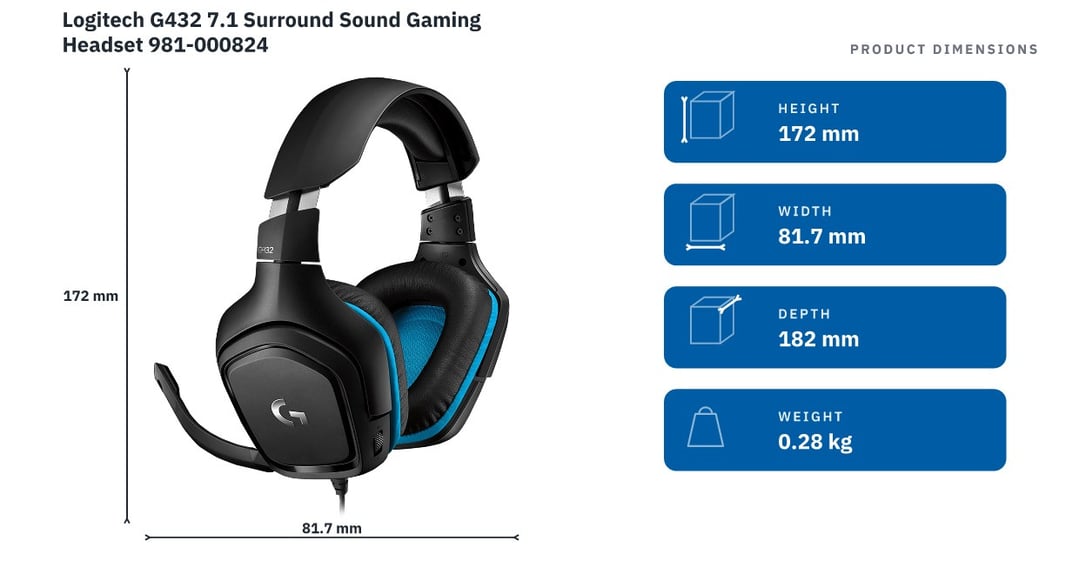 Logitech G432 7.1 Surround Sound Gaming Headset 981-000824 — product dimensions