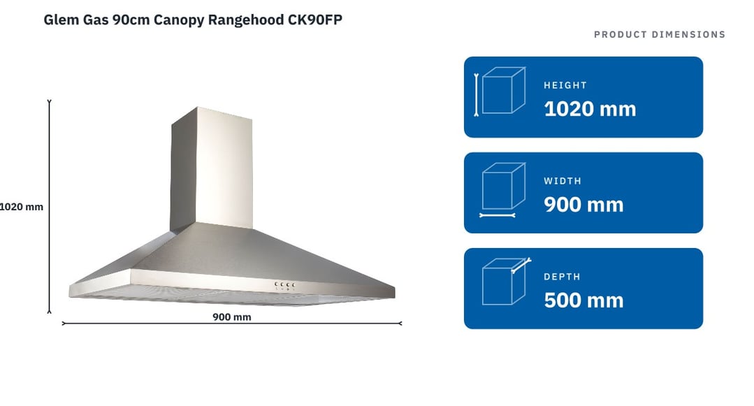 Glem Gas 90cm Canopy Rangehood CK90FP — product dimensions