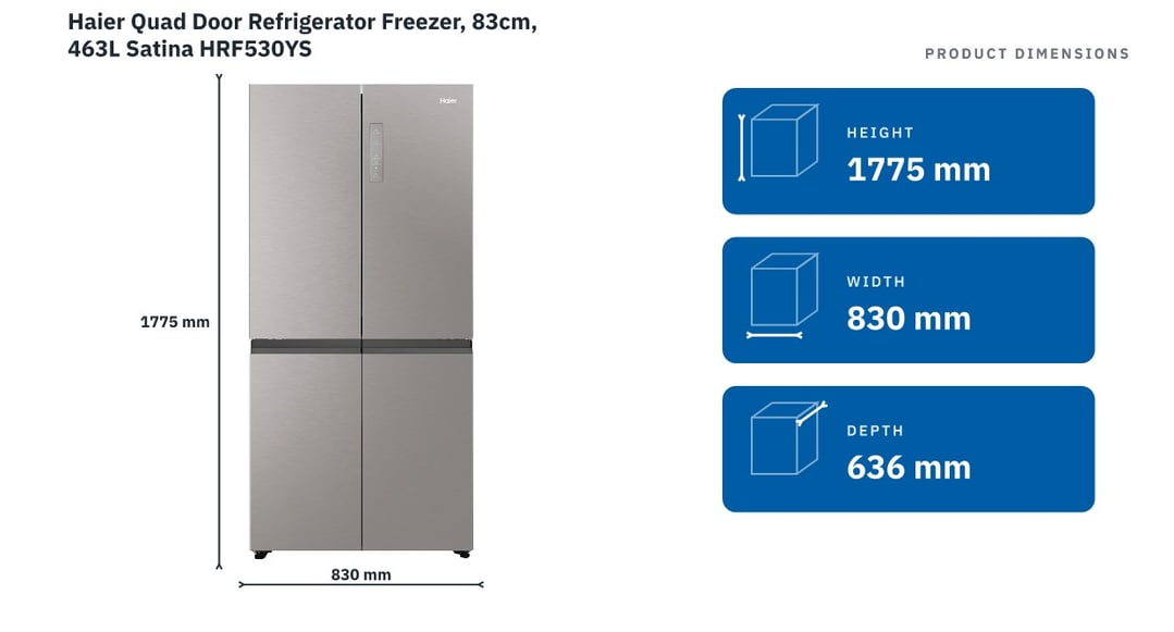 Haier Quad Door Refrigerator Freezer, 83cm, 463L Satina HRF530YS
